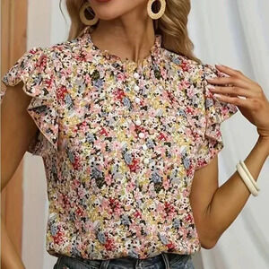Shein floral pink short sleeve blouse top size small